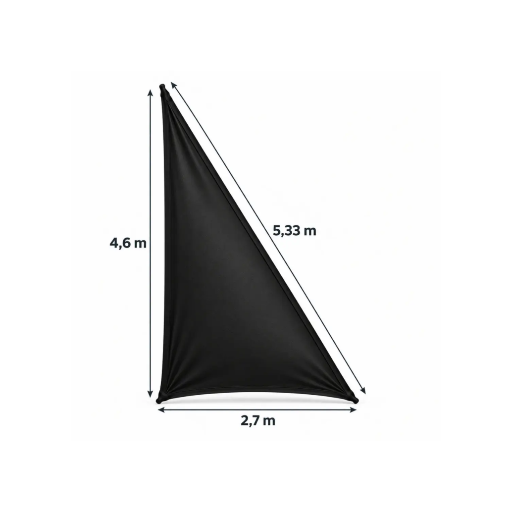 Voile lycra noire triangulaire rectangle 2,7 × 4,6 m | THESSALONIQUE Voile lycra noire triangulaire rectangle THESSALONIQUE 2,7 × 4,6 m pour plafond événementiel